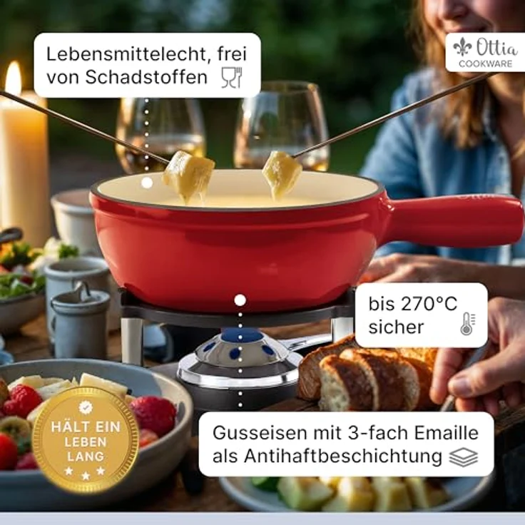 Ottia Fondue Set, Gusseisen & Emaille für 2-6 Personen, Induktionsgeeignet, mit Brenner, 6 Gabeln & Rezeptbuch, ideal für Käse-, Fleisch- & Schokofondue – Bild 4