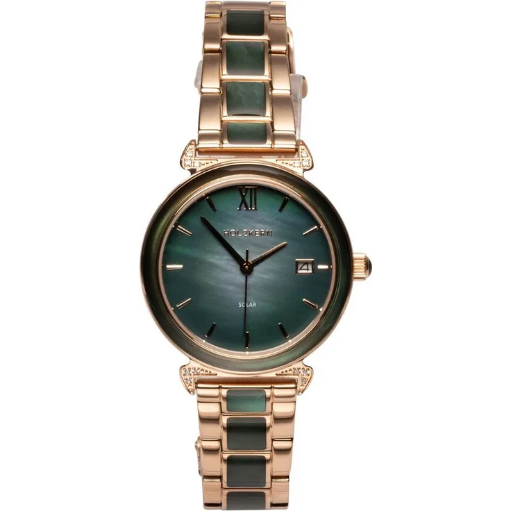 Holzkern Solaruhr Damen-Sunglister, Grünes Perlmutt/Roségoldfarben, Quarzwerk mit Solartechnologie, 34 mm Gehäuse, kratzunempfindliches Mineralglas, wasserdicht bis 5 bar