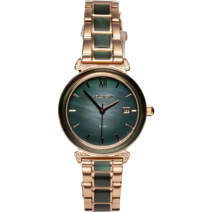 Holzkern Solaruhr Damen-Sunglister, Grünes Perlmutt/Roségoldfarben, Quarzwerk mit Solartechnologie, 34 mm Gehäuse, kratzunempfindliches Mineralglas, wasserdicht bis 5 bar