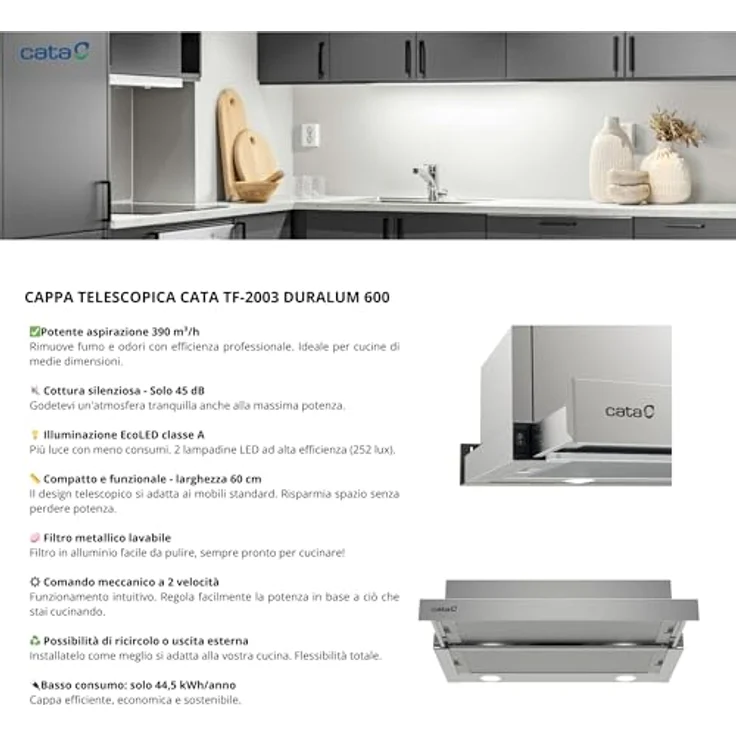 Cata TF-2003 Duralum 2017305 Dunstabzugshaube, C, Abluft und Umluft, Breite 60 cm, 2 Gebläsestufen – Bild 11