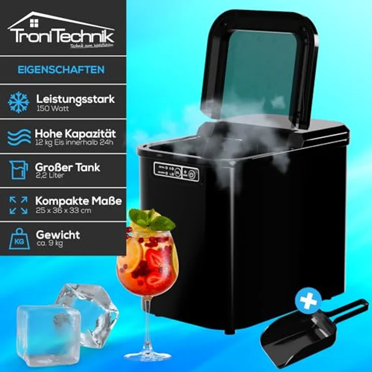 TroniTechnik® Eiswürfelmaschine Eiswürfelbereiter, Ice Maker, 12kg/24h, 2,2 Liter Wassertank, 2 Größen, Selbstreinigung, schwarz, einfache Bedienung – Bild 2