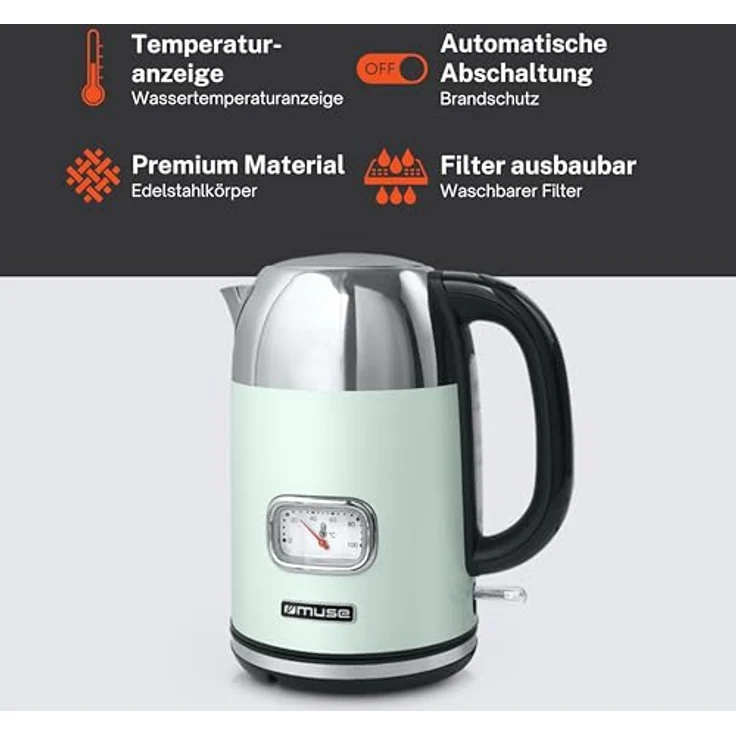 Muse Edelstahl Retro Wasserkocher MS-020, 1,7L mit analoger Temperaturanzeige, waschbarem Filter, automatischer Abschaltung, pastell-grün – Bild 3