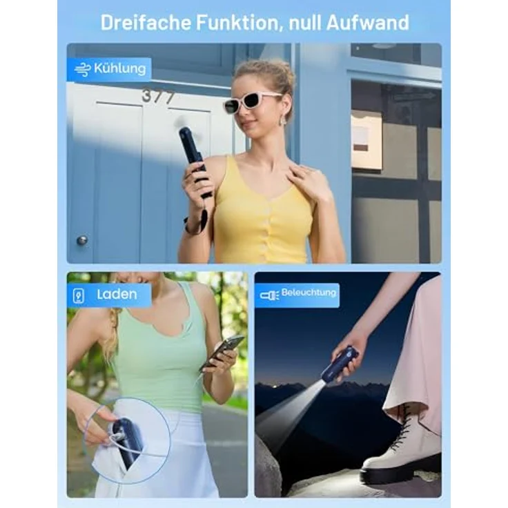 JISULIFE Mini Handventilator 3-in-1, wiederaufladbar mit Powerbank und Taschenlampe, bis zu 19 Stunden Betriebsdauer, tragbarer Ventilator für Reisen/Sommer, Blau – Bild 2