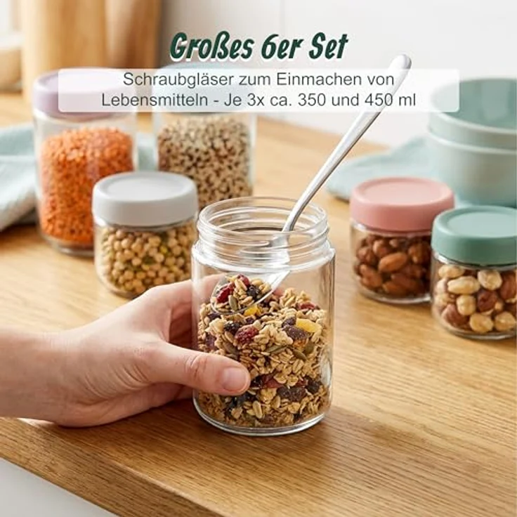 relaxdays Einmachglas Einmachgläser 6er Set, 350 ml und 450 ml, mit luftdichtem Twist-Off-Deckel, transparent und pastellfarben – Bild 3