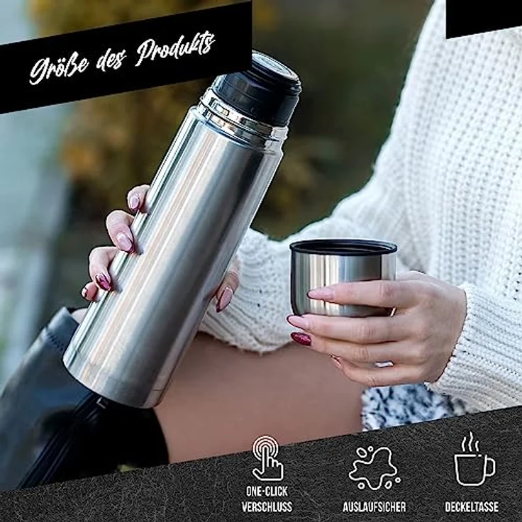 GOODS+GADGETS Edelstahl Thermosflasche mit Becher; Doppelwandige Isolierkanne; Auslaufsicher, Spülmaschinenfest & BPA-frei; hält Getränke heiß & kalt (Silber, 500 ml) – Bild 4