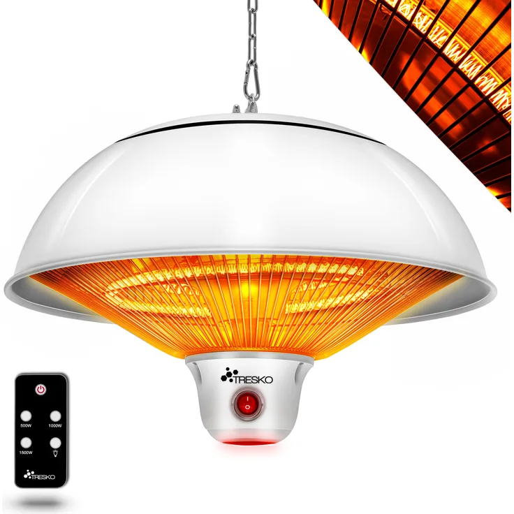 TRESKO Infrarot Deckenheizstrahler Heizstrahler weiß 1500W mit Fernbedienung & LED-Beleuchtung | Wärmestrahler elektrisch mit 3 Heizstufen | Terrassenstrahler Innen & Außen | Infrarotstrahler Decke Terrasse Typ 2