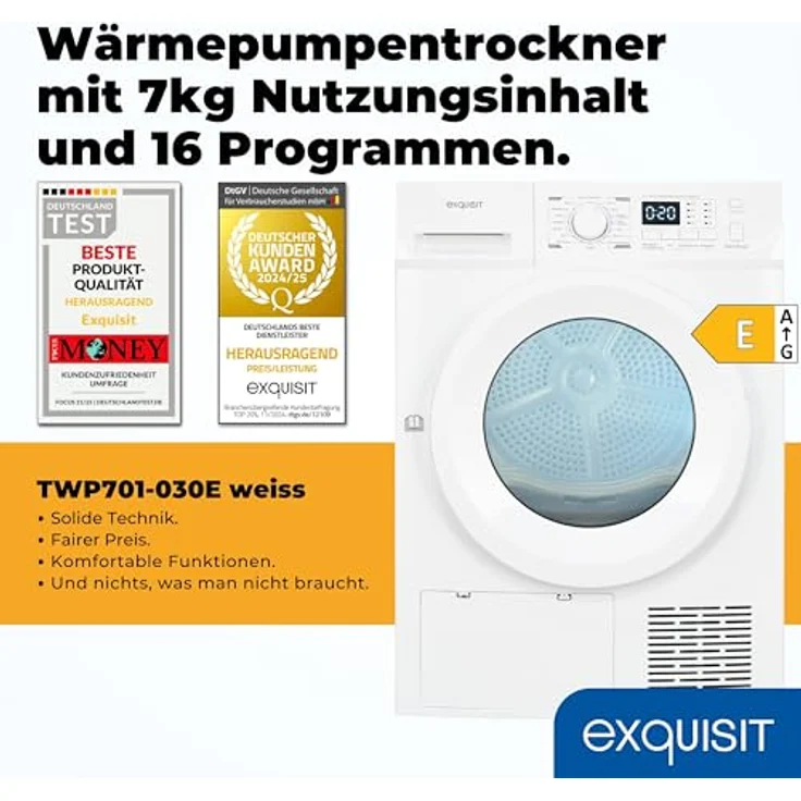 Exquisit TWP701-030E, Wärmepumpentrockner mit 7 kg Fassungsvermögen, vollelektronisch, 16 Programme, Knitterschutz, weiß – Bild 2