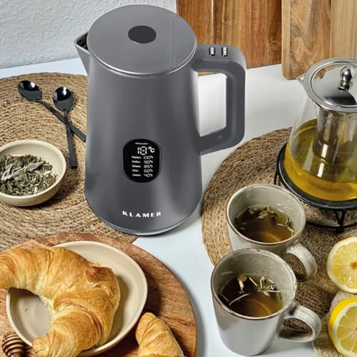 KLAMER Wasserkocher Edelstahl 1,5L 1800W grau mit Temperatureinstellung 40-100°C, Teekocher BPA-frei – Bild 2