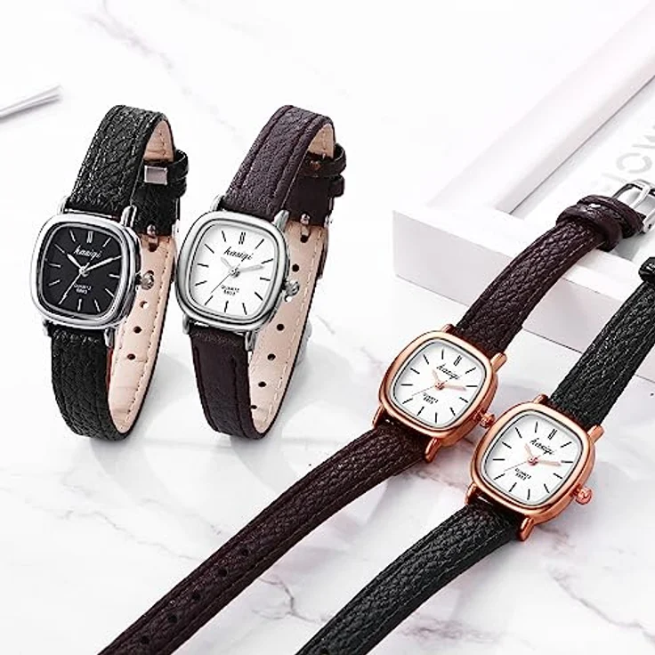 JewelryWe Damenuhr 4er Set, Vintage Quadrat Analog Quarz Uhr mit Lederarmband in Schwarz/Braun und Gehäuse in Rosegold/Silber, wasserdicht, elegantes Accessoire für Frauen und Mädchen – Bild 2