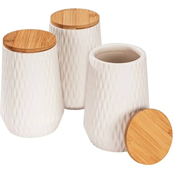 WENKO Aufbewahrungsdose Diamond, modernes 3er Set Keramik-Dosen mit Bambusdeckel und eleganter Rauten-Struktur zur Aufbewahrung in Küche oder Haushalt, Fassungsvermögen jeweils 0,6 Liter, Weiß/Braun