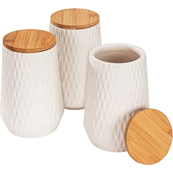 WENKO Aufbewahrungsdose Diamond, modernes 3er Set Keramik-Dosen mit Bambusdeckel und eleganter Rauten-Struktur zur Aufbewahrung in Küche oder Haushalt, Fassungsvermögen jeweils 0,6 Liter, Weiß/Braun – Bild 1
