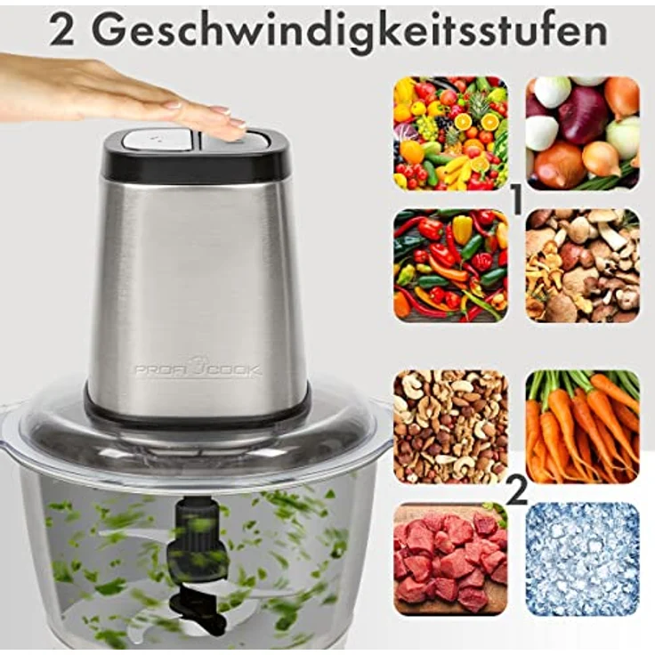 ProfiCook Zerkleinerer PC-MZ 1227, elektrischer Multizerkleinerer mit Ice Crush-Funktion, 1,7 L Edelstahlbehälter, 2 Geschwindigkeitsstufen – Bild 3