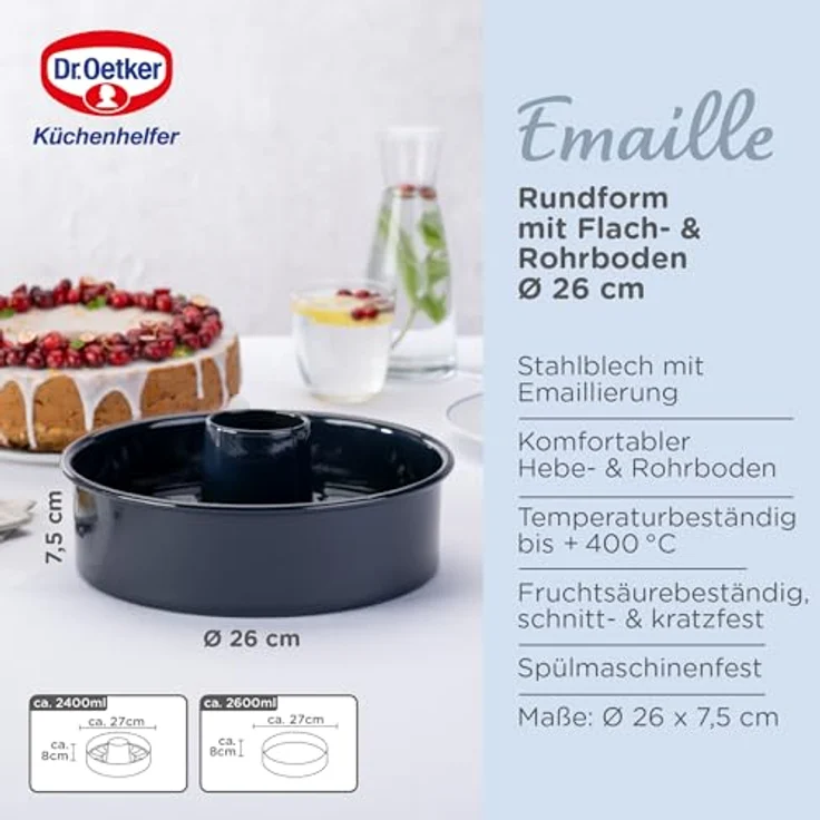 Dr. Oetker form mit Flach- und Rohrboden Ø 26 cm BACK-LIEBE EMAILLE, runde Backform mit schnitt- & kratzfester le-Versiegelung, Kuchenform mit 2 Böden (Farbe: Blau), Menge: 1 Stück – Bild 5