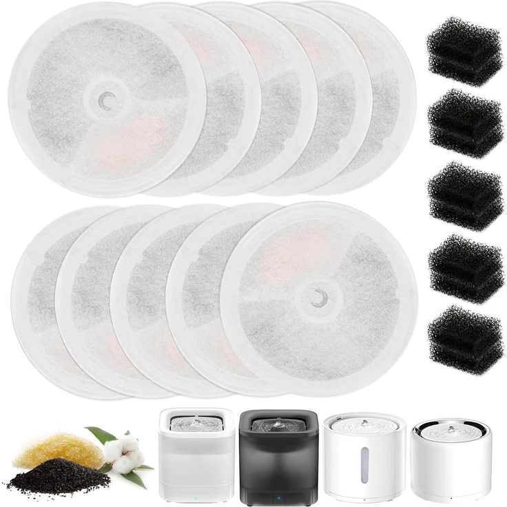 NautyPaws Ersatzfilter für Katzenbrunnen, 10er Set Aktivkohle, 4-stufiges Filtersystem, kompatibel mit 1,8-2L Wasserbrunnen