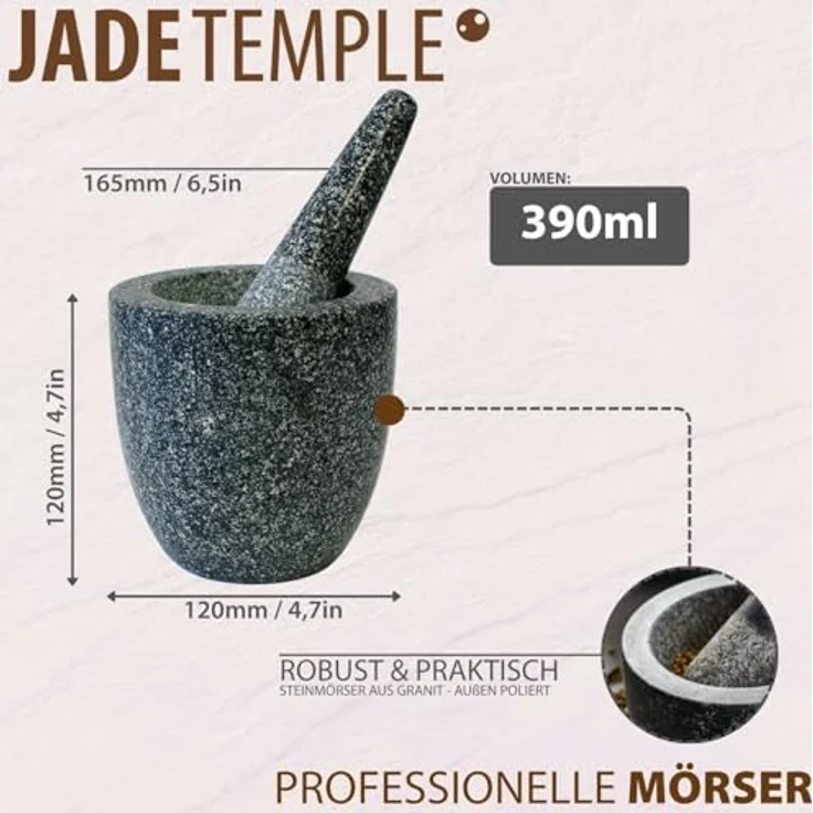 JADE TEMPLE Steinmörser mit Stößel im Set, effektives und einfaches mörsern, aus massivem Granit mit 12 cm Durchmesser und 12 cm Höhe – Bild 4
