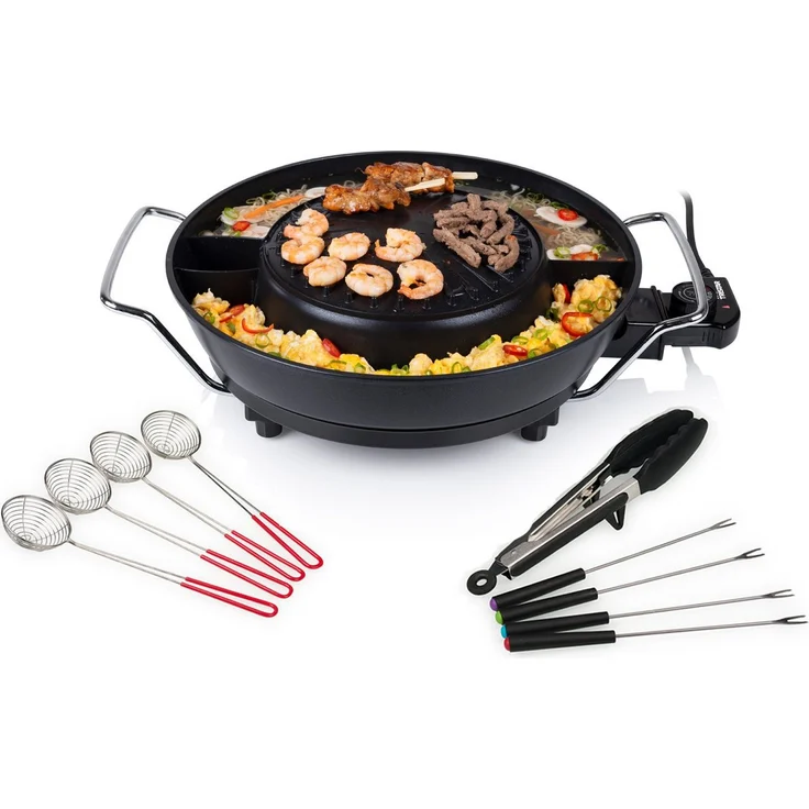 Tristar Tischgrill, 1800 W, 2in1 Fondue Hot Pot 3L, Koreanische Party-Pfanne Elektro Shabu Shabu, Antihaftbeschichtung, Schwarz – Bild 1