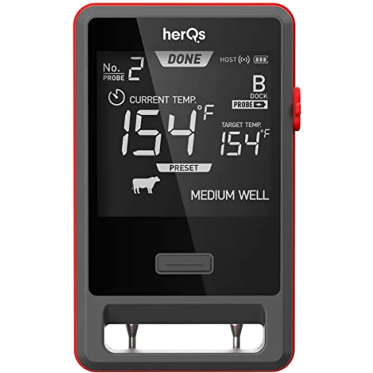 HerQs Pin Pro - Grillthermometer, digital, Kerntemperatur, Drahtloses Fleischthermometer, Bluetooth, App, Thermometer inkl. 2 kabellosen Fühlern, bis 500°C - Für Ofen, Grill, Pfanne, Heißluftfritteuse