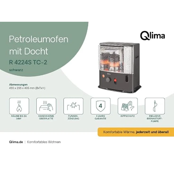 Qlima Dochtofen R 4224S TC-2, mobiles Heizgerät in elegantem Schwarz – Bild 2