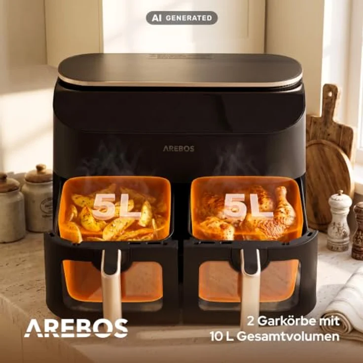 Arebos Heißluftfritteuse AR-HE-DPH10, 2450 W, 10 L, 2 Garzonen mit SYNC- & MATCH-Funktion, 2 Sichtfenster, Schwarz/Roségold – Bild 3