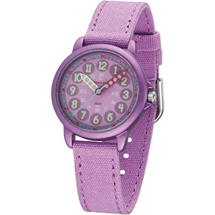 JACQUES FAREL Lernuhr Öko Kinderuhr Mädchen Armbanduhr in Lila Violett aus Bio-Baumwolle, Analog Quarz mit Lernzifferblatt, Nachhaltig ORGT 1112