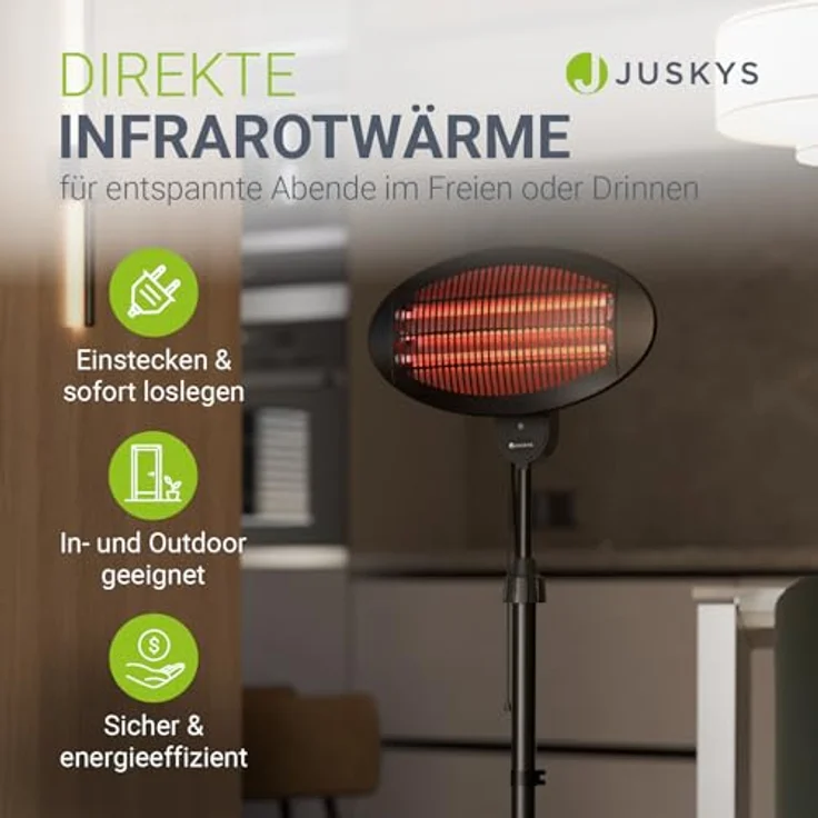 Juskys Infrarotstrahler 2000 W, höhenverstellbarer Standheizstrahler in Schwarz mit 3 Heizstufen für Terrasse & Garten – Bild 2