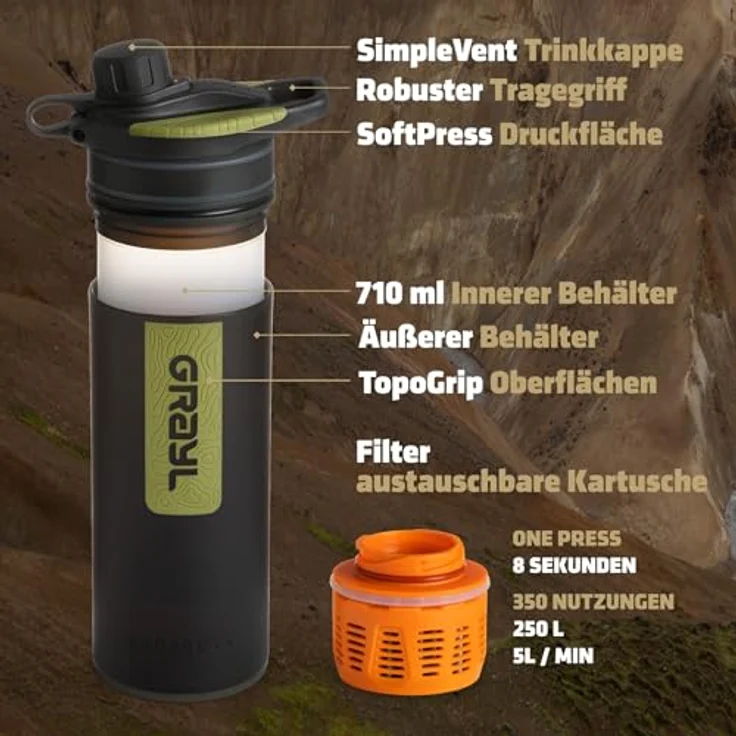 GRAYL GeoPress 710ml Outdoor Wasserfilter Trinkwasser I Eliminiert 99,99% aller Bakterien und Viren I Perfekt für Camping, Survival und Reisen (Black Camo) – Bild 2