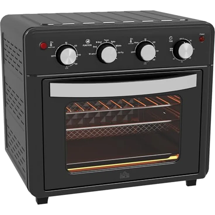 HOMCOM Minibackofen Umluft 30L Mini Ofen 7 Modi, Frittierkorb, 60 Min. Timer, 1600W, in schwarz