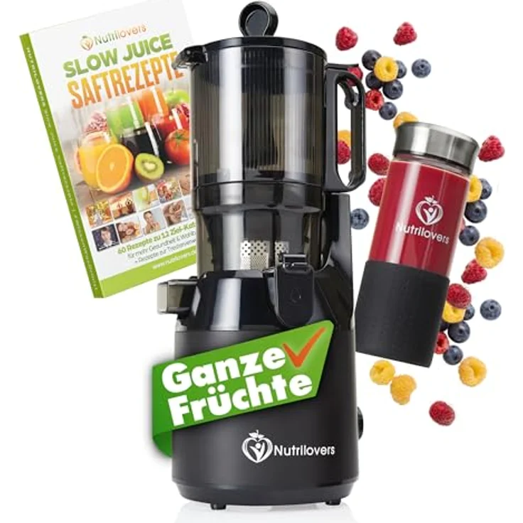 Nutrilovers NUTRI-PRESS MAX Slow Juicer, Entsafter für ganze Früchte mit XXL 135 mm Öffnung, BPA-frei, inkl. Saft-Flasche und Rezeptbuch, leise mit 200 Watt – Bild 1