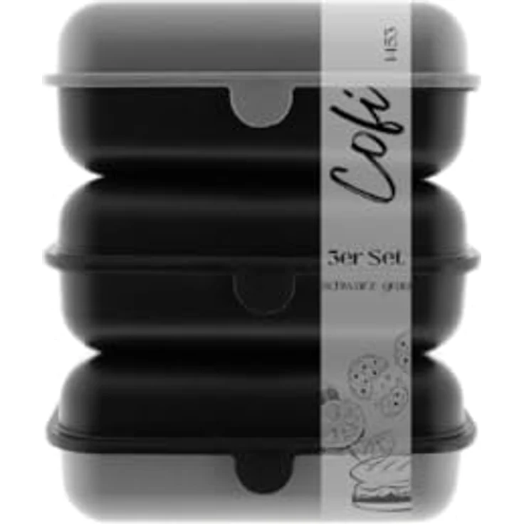 COFI Brotdosen 3er-Set, Lunchbox/Frühstücksbox, BPA-frei, spülmaschinenfest, stapelbar, 1600 ml, Schwarz-Grau – Bild 1