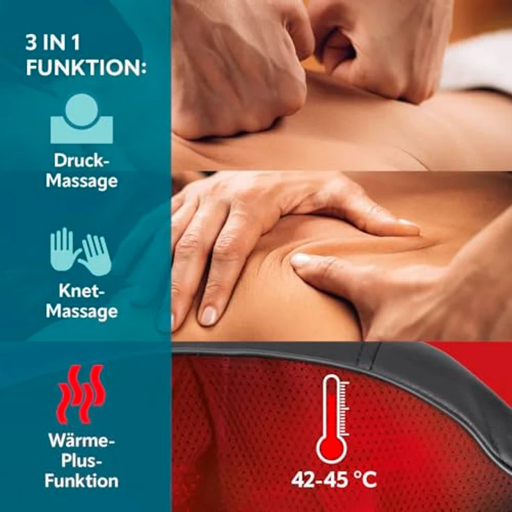 VITALmaxx Shiatsu Nackenmassagegerät, Massagegerät mit Wärmefunktion, Knet- und Druckmassage für Nacken, Schultern, Rücken, Beine, kabellos und USB-C ladbar – Bild 4