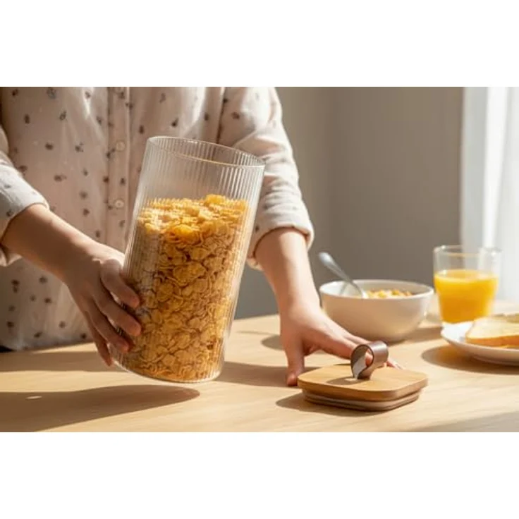 LS-LebenStil Vorratsdose aus Glas 1900ml, Luftdichter Vorratsbehälter mit Holzdeckel und Lederschlaufe, 28x10cm, ideal für Pasta und Müsli – Bild 4