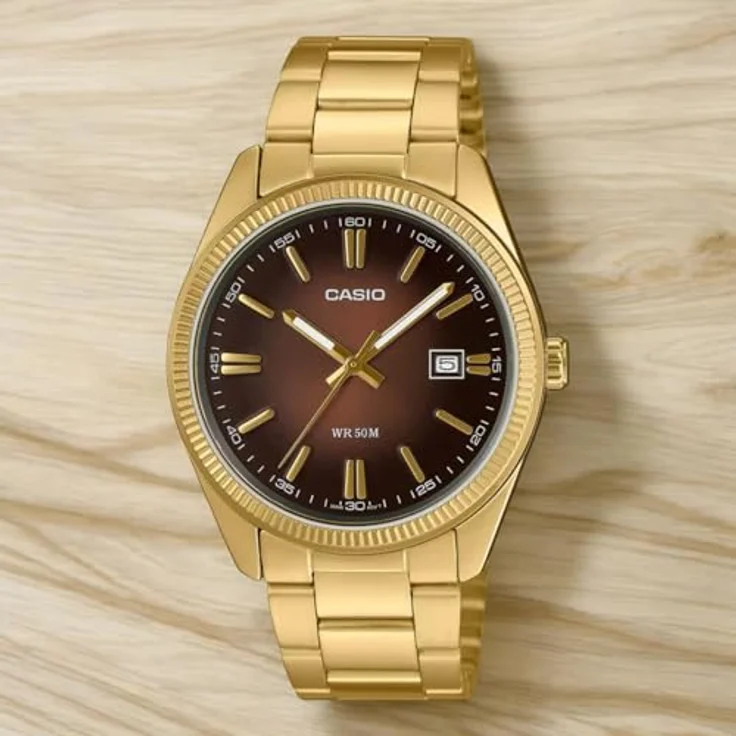 Casio Unisex Uhr Timeless Goldfarben/Braun MTP-1302PGC-5AVEF, Edelstahl beschichtet, braunes Zifferblatt, Mineralglas – Bild 3