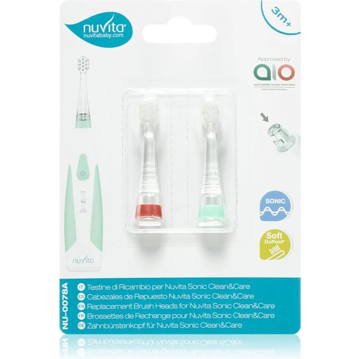 Nuvita Sonic Clean&Care Replacement Brush Heads, Ersatzkopf für Schallzahnbürste für Babys, sanfte Reinigung, 2er Pack, rot/grün – Bild 1