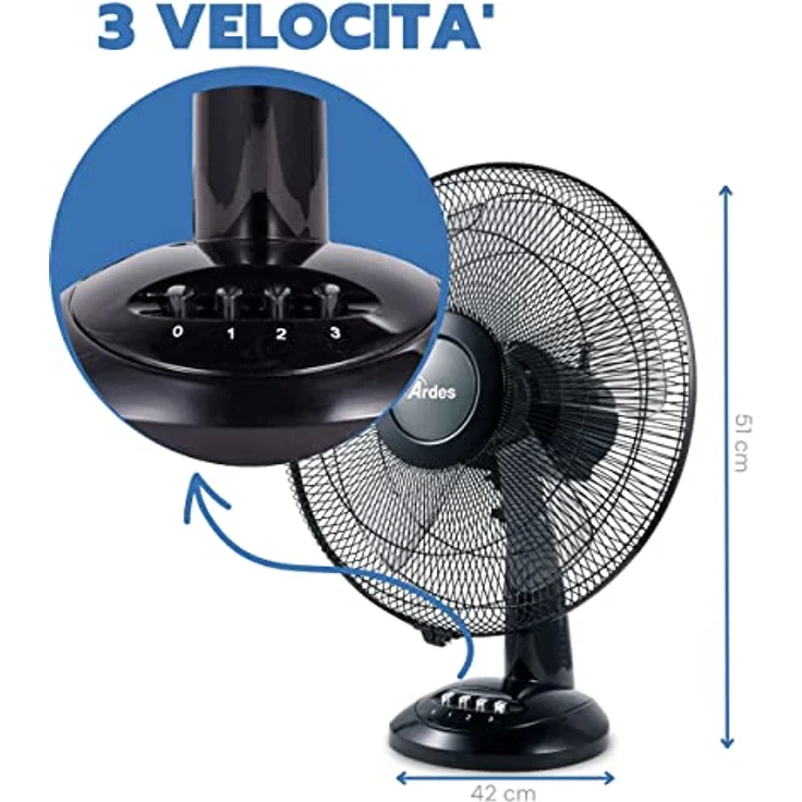 Ardes AR5S41 Haushalts-Lamellenlüfter Schwarz Ventilator - Ventilatoren (Haushalts-Lamellenlüfter, Schwarz, Tisch, Knöpfe, IPX0, 50 W) – Bild 4