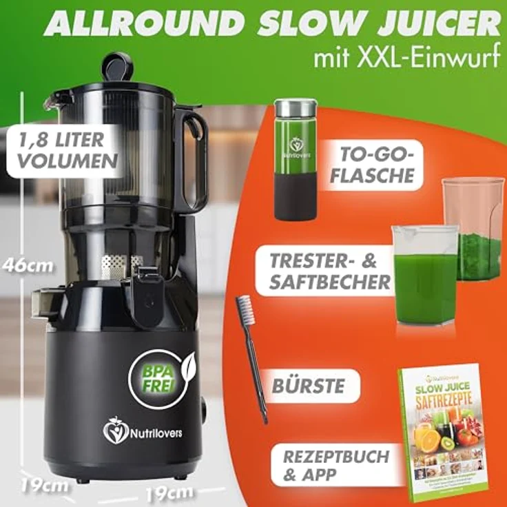 Nutrilovers NUTRI-PRESS MAX Slow Juicer, Entsafter für ganze Früchte mit XXL 135 mm Öffnung, BPA-frei, inkl. Saft-Flasche und Rezeptbuch, leise mit 200 Watt – Bild 2