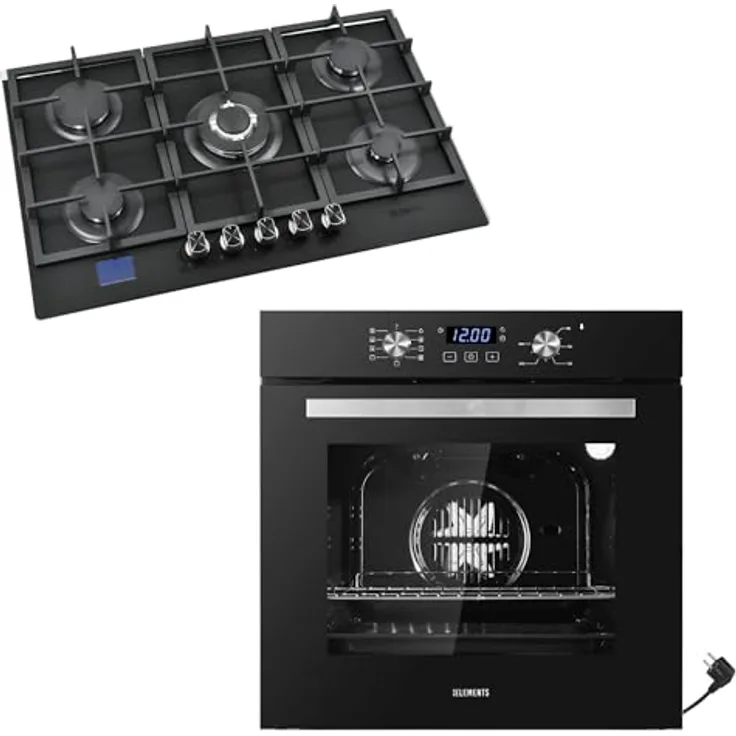 KB ELEMENTS Gas Herdset, 60cm Einbaubackofen mit 5-flammigem Gaskochfeld, Timer, Kindersicherung, Grill, Heißluft und AQUA CLEAN