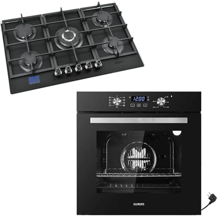 KB ELEMENTS Gas Herdset, 60cm Einbaubackofen mit 5-flammigem Gaskochfeld, Timer, Kindersicherung, Grill, Heißluft und AQUA CLEAN – Bild 1
