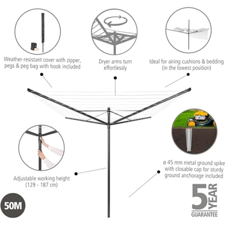 Brabantia Lift-o-Matic Wäschespinne 50 Meter + Anker + Abdeckung + Tasche – Bild 3