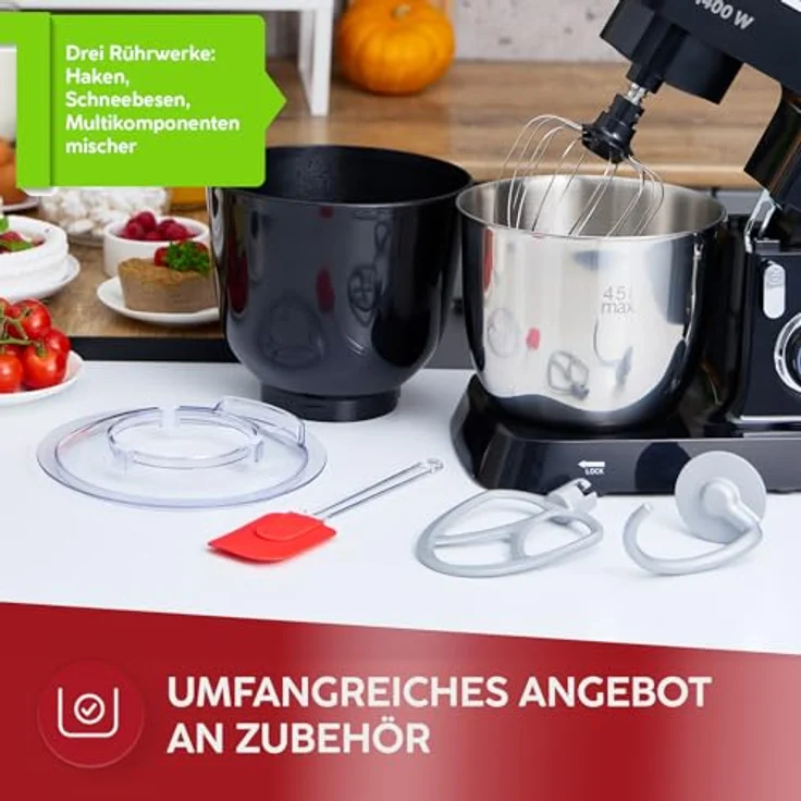 MPM Planetarische Küchenmaschine MRK-25, multifunktional mit 4,5 l Edelstahlschüssel, 1400 W, 2 Schüsseln, 3 austauschbare Rührbesen, spülmaschinenfest – Bild 4