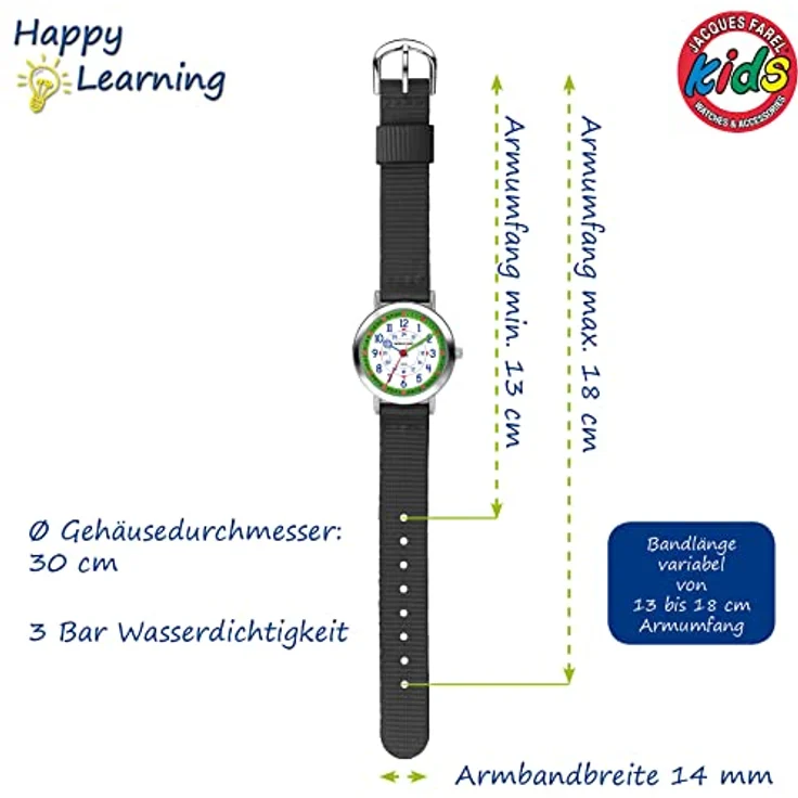 Atrium Jacques FAREL Happy Learning Kinder-Armbanduhr Lernuhr Jungen Analog Quarz Metall Textilband Schwarz KOP 08 – Bild 3