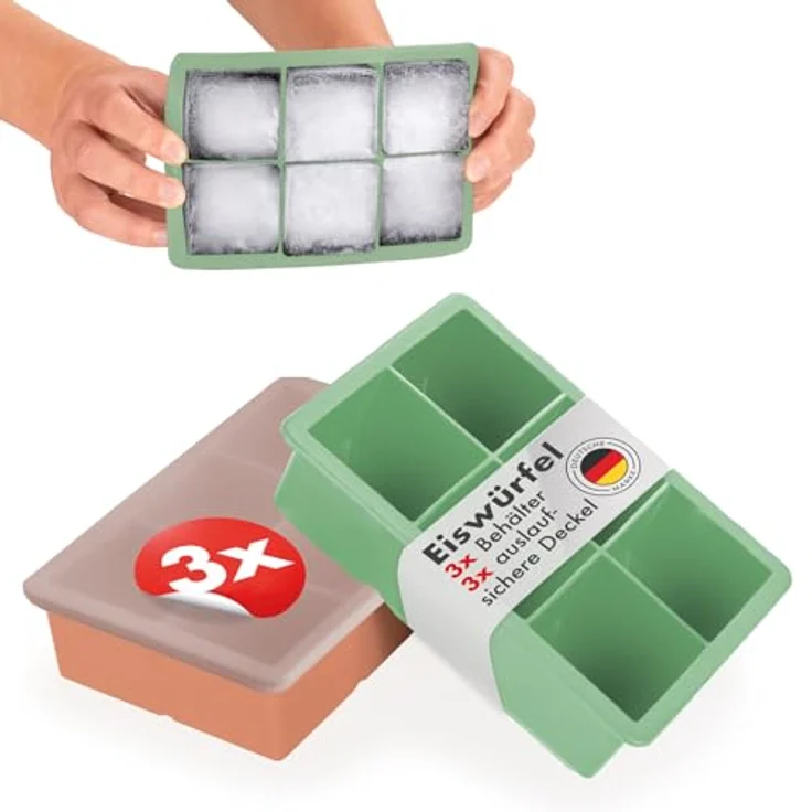 Blumtal Eiswürfelformen Silikon 3er Set, BPA-frei, lebensmittelecht, mit Deckel, leicht entnehmbar, olivgrün + mineralrot – Bild 1
