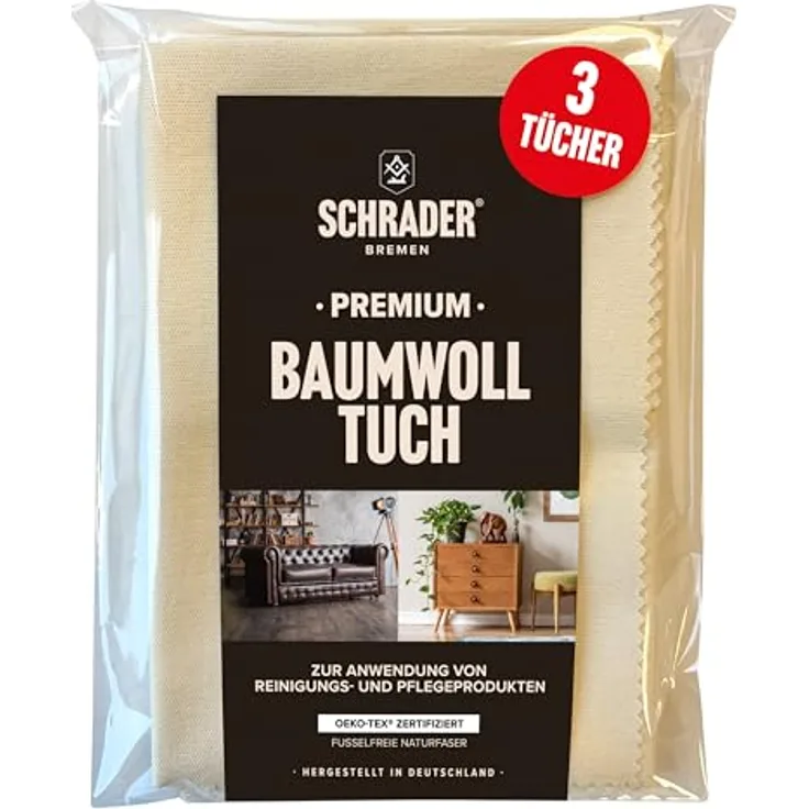 Schrader Premium Baumwolltuch - Poliertuch für alle Oberflächen, Möbel, Kleidung, Leder, Holz - cremefarben - 25x33cm - 3 Stück