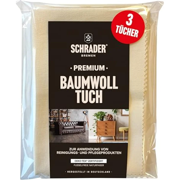 Schrader Premium Baumwolltuch - Poliertuch für alle Oberflächen, Möbel, Kleidung, Leder, Holz - cremefarben - 25x33cm - 3 Stück – Bild 1