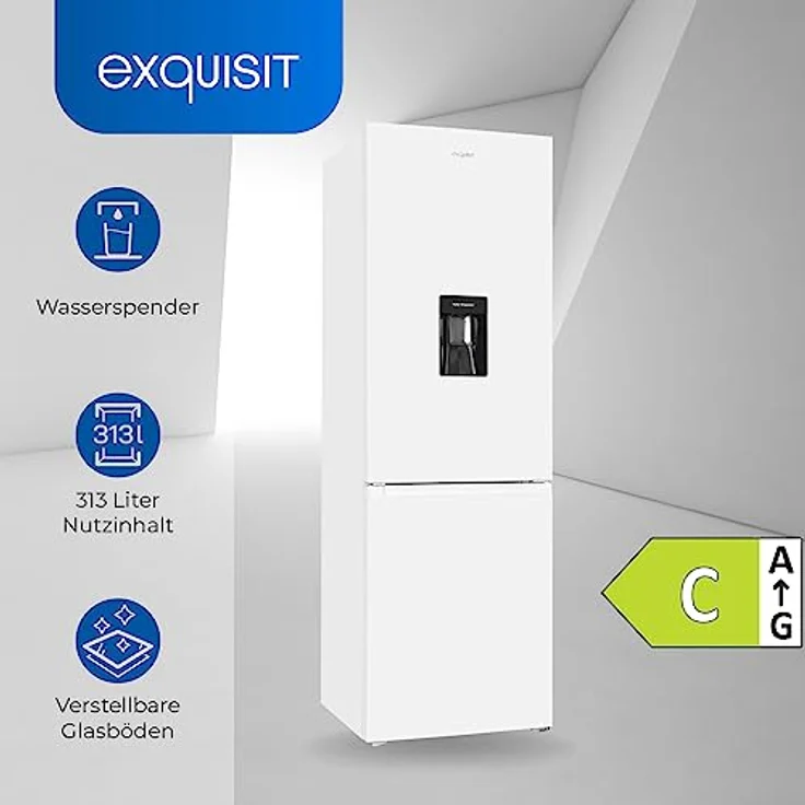 Exquisit Kühl-Gefrierkombination KGC320-95-E-WS-040C weiss | 313 l Nutzinhalt | Kühlgefrierkombination freistehend mit Wasserspender | Alarm | 4 Sterne gefrieren – Bild 2