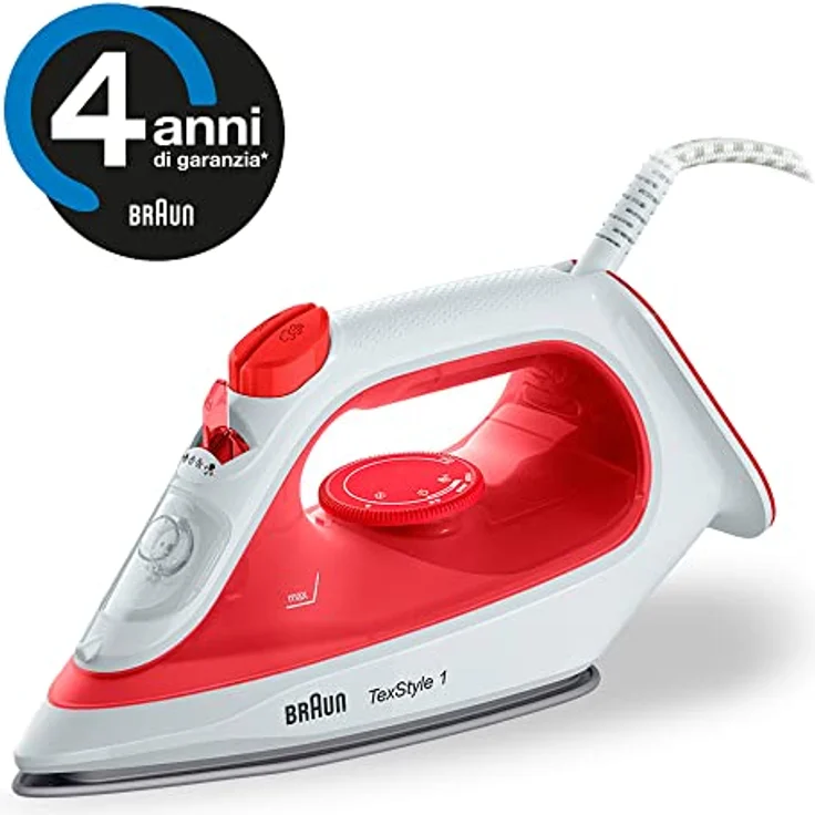 Braun TexStyle 1 SI1019 Dampfbügeleisen mit 4 Jahren Service, Antihaftbeschichtung, Thermostat, 25 g/min im Turbo-Modus, Fassungsvermögen 220 ml, 1900 W, rot/weiß – Bild 2