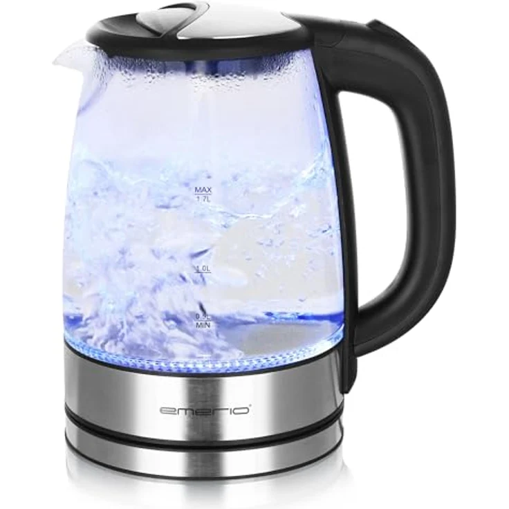 Emerio WK-119988 Glas Wasserkocher,1.7 Liter, 2200 Watt, LED Innenbeleuchtung, 360° Basis, 1.7 liters, Schwarz, Edelstahl – Bild 5