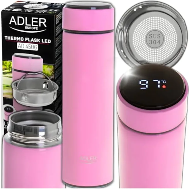 ADLER EUROPE AD4506P Thermobecher, Edelstahl, 473ml, Temperaturanzeige, heiß bis 8 Stunden, kalt bis 12 Stunden, mit Kaffeeseparator und doppelter Vakuumwand