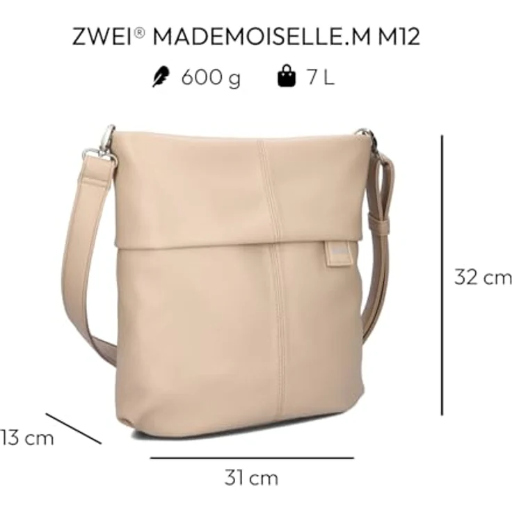 Zwei Mademoiselle M12, elegante Schultertasche aus Polyurethan mit Reißverschlussfach, Beige – Bild 2