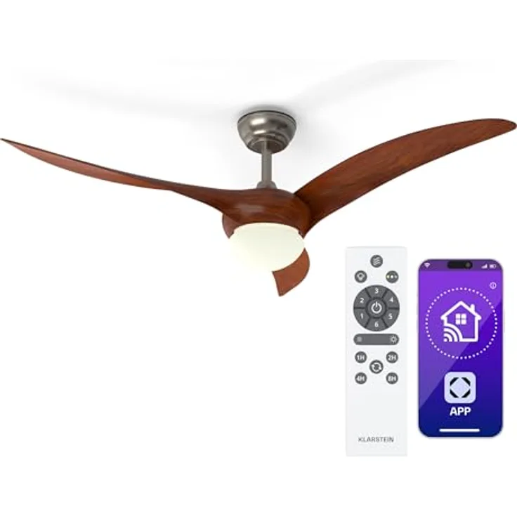 Klarstein Monteverde Deckenventilator mit Beleuchtung und Fernbedienung, Smart App-Steuerung, dimmbares Licht, 6 Geschwindigkeiten, Sommer- & Wintermodus, 132cm, Walnuss