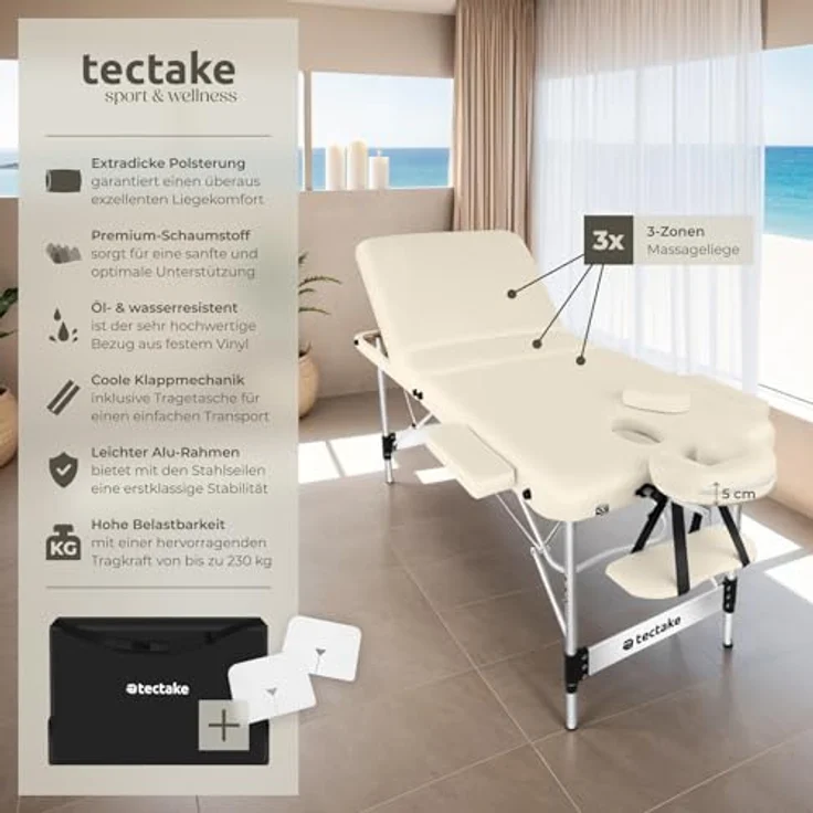 tectake Massageliege Phuket, 3-Zonen, höhenverstellbar, klappbar, Beige, Metall, 103x90x212 cm, inklusive 15 Einweg-Nasenschlitztüchern – Bild 2